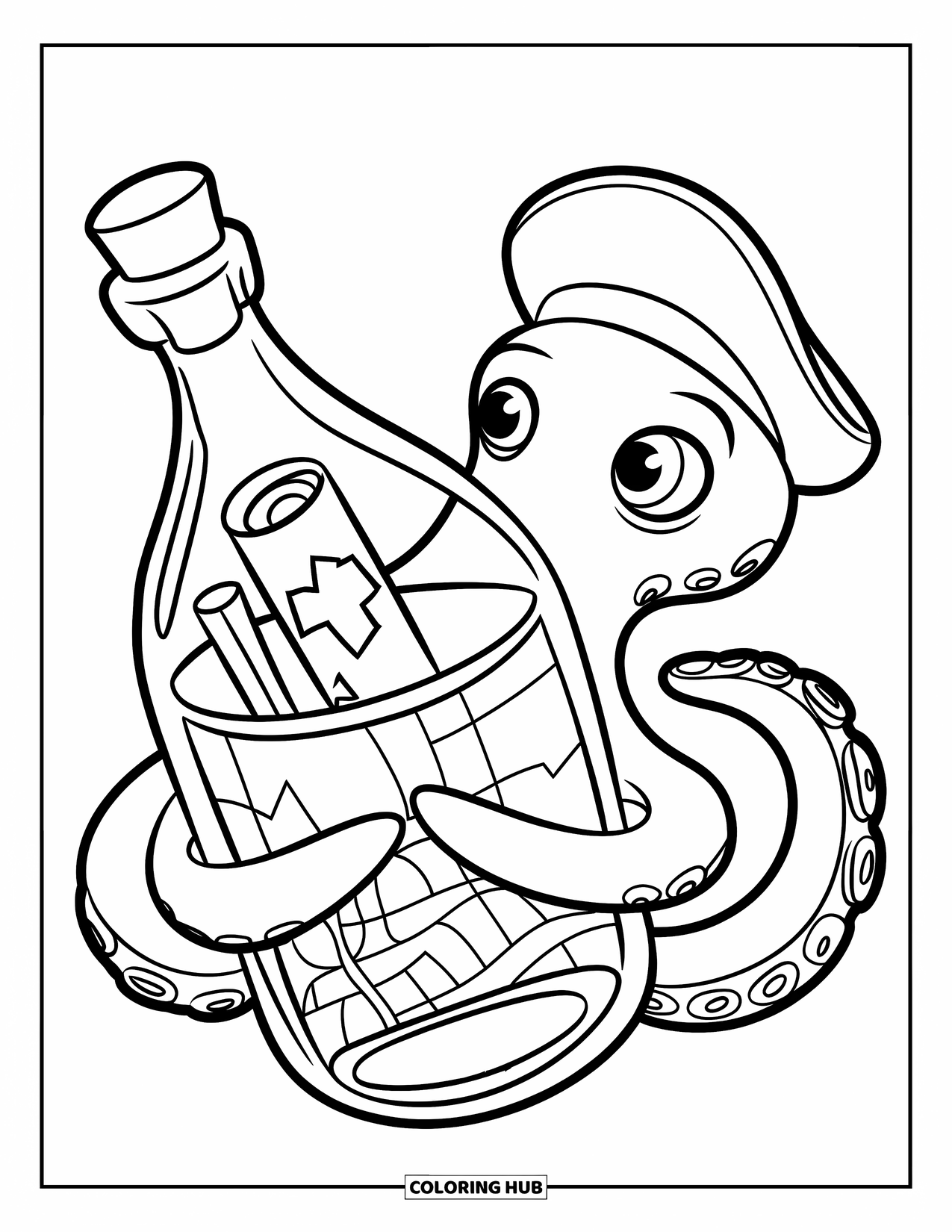 Octopus Coloring Page for Kids: Octopus holding a bottle with a map inside on a white background