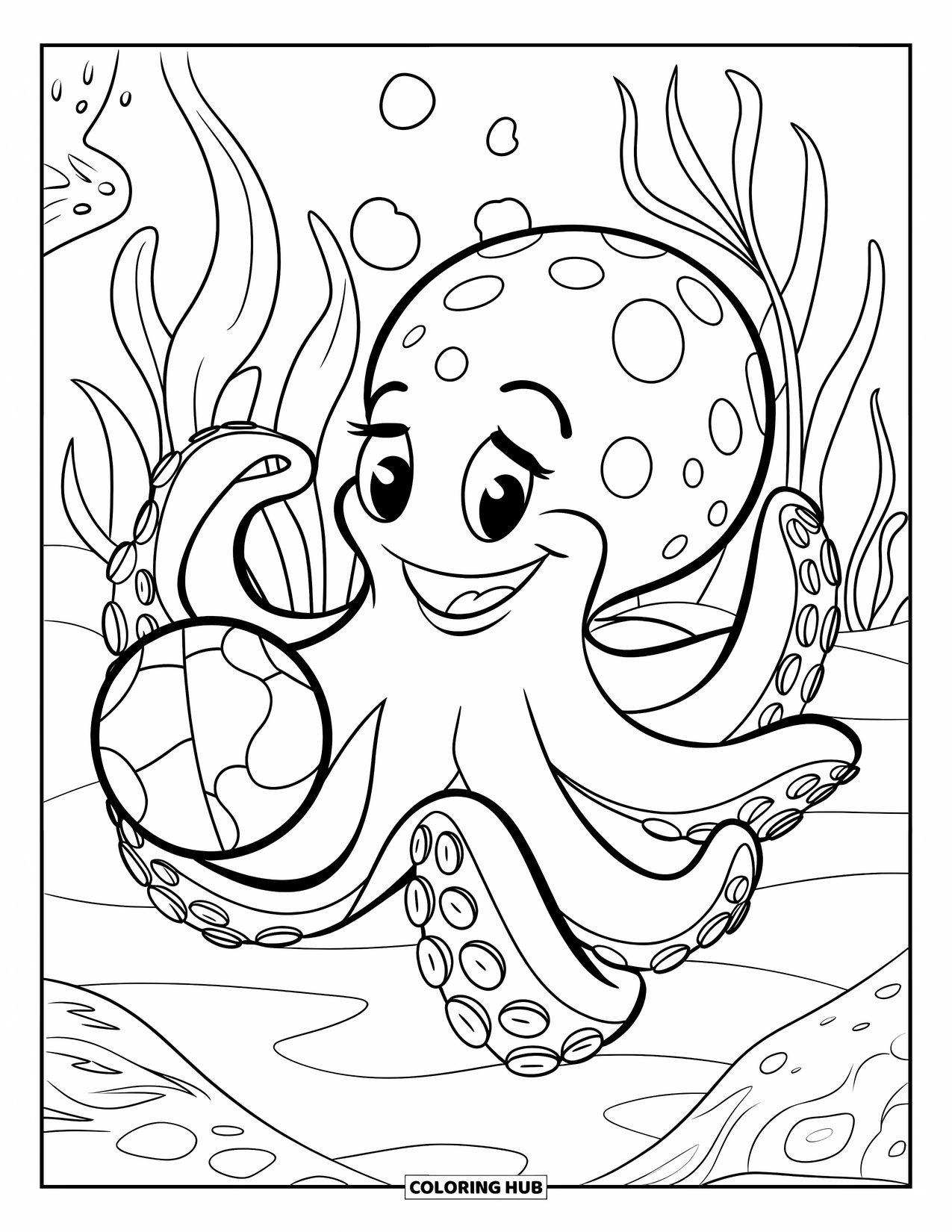 Octopus Coloring Page for Kids: Octopus smiling while holding a patterned ball in the sea