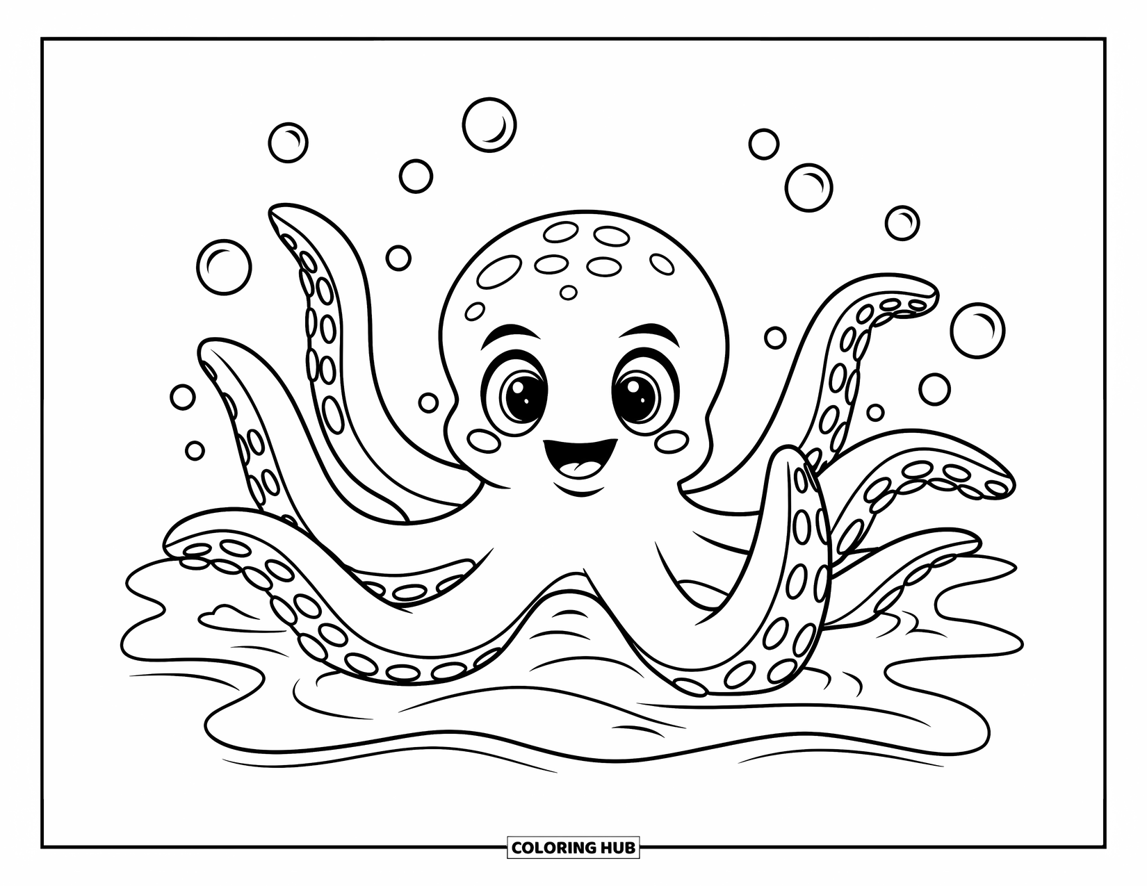 Octopus Coloring Page for Kids: Octopus waving all eight arms with floating bubbles around