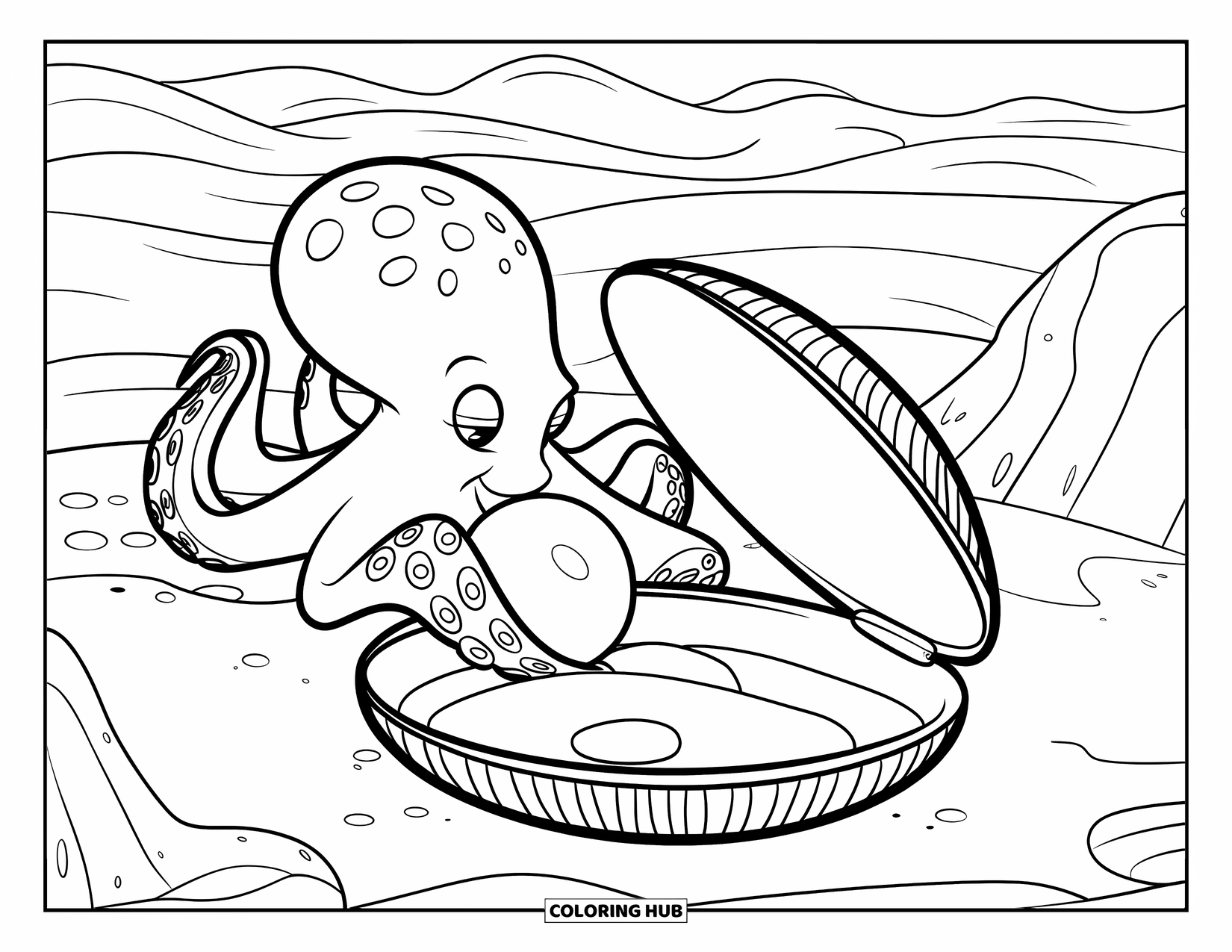 Octopus Coloring Page for Kids: Top-hat octopus placing a pearl in a shell on sandy ground