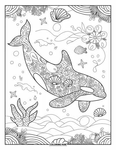 Coloriage d'orque pour adultes : Une orque décorée nage parmi des créatures marines et des motifs floraux flottants