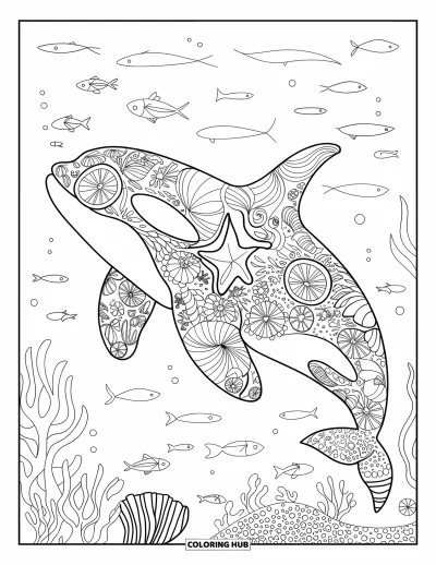 Coloriage d'orque pour adultes : Une silhouette d'orque détaillée est couverte de coquillages, d'algues et de poissons