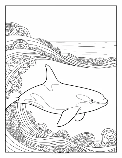Coloriage d'orque pour adultes : Une orque gracieuse glisse dans des eaux calmes remplies de motifs mandala