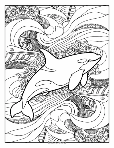Coloriage d'orque pour adultes : Une orque gracieuse nage dans des vagues ornées de mandalas et de vie marine