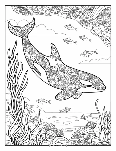 Coloriage d'orque pour adultes : Une orque ornementée nage près de coraux, de poissons et d'un rivage rocheux