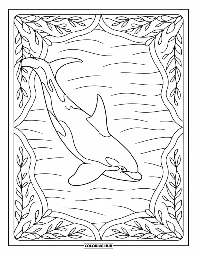 Coloriage d'orque pour adultes : Une orque paisible se déplace sous des arches d'algues dans des eaux douces
