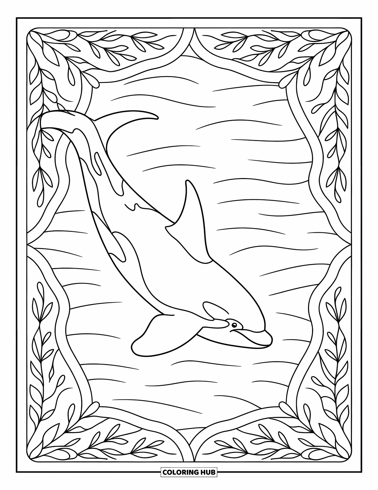 Orca Coloring Page for Adults: A peaceful orca moves through arched seaweed in gentle water