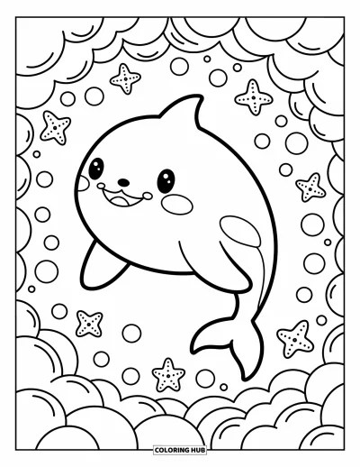 Coloriage d'orque pour adultes : Une orque paisible sourit en flottant parmi de petites bulles et des étoiles de mer