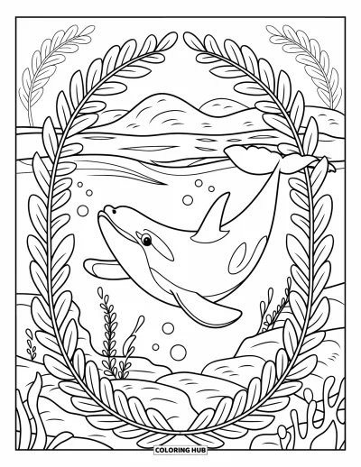 Coloriage d'orque pour adultes : Une orque apaisée nage dans l'eau encadrée par des arches d'algues courbées