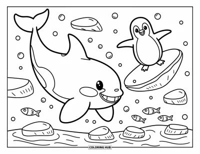 Coloriage d'orque pour adultes : Un pingouin glisse sur la glace tandis qu'une orque nage joyeusement à ses côtés