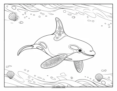 Coloriage d'orque pour adultes : Une orque vue de profil nage dans des vagues entourée de coquillages