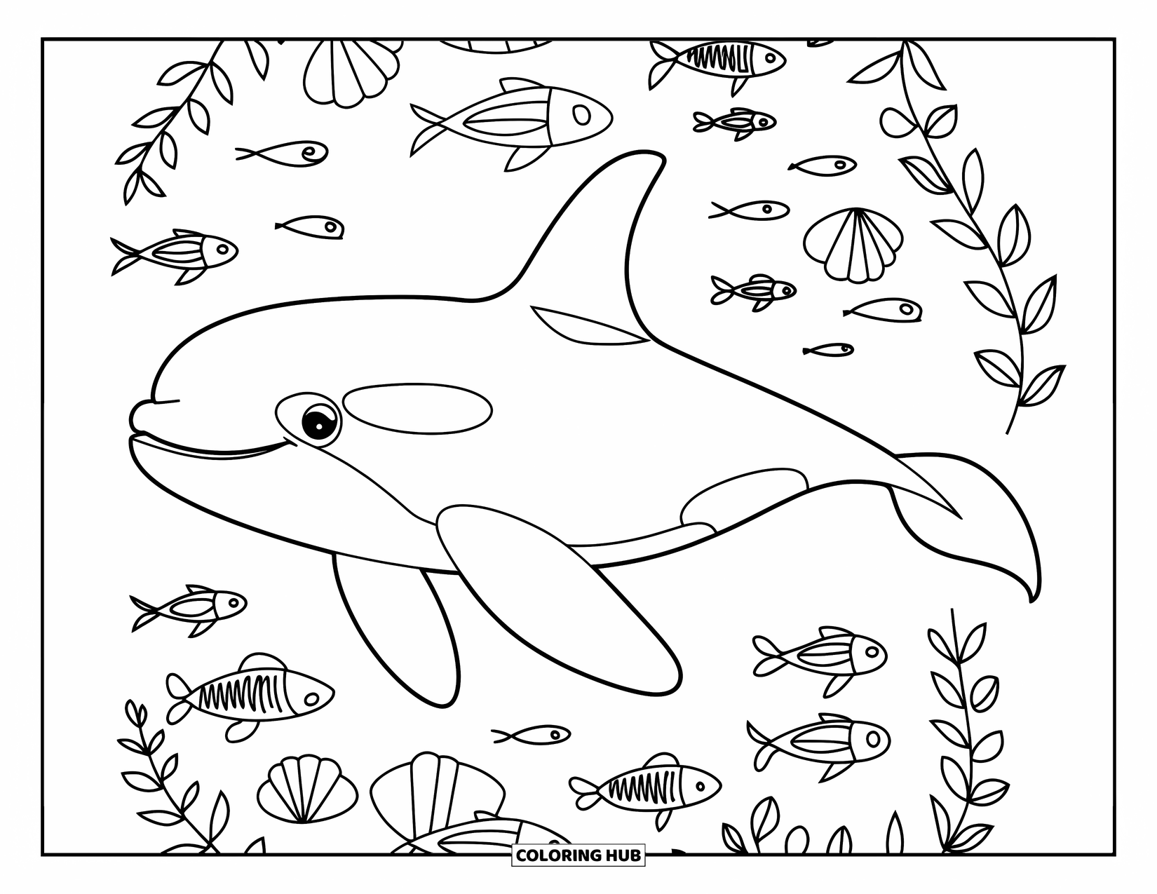 Orca Coloring Page for Adults: A sleek orca swims with large eyes among simple shells and vines