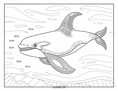 Coloriage d'orque pour adultes : Une orque élancée aux dents acérées nage près de petits poissons dans des eaux calmes