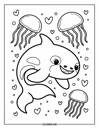 Coloriage d'orque pour adultes : Une orque souriante tourbillonne tandis que des méduses flottent doucement au-dessus