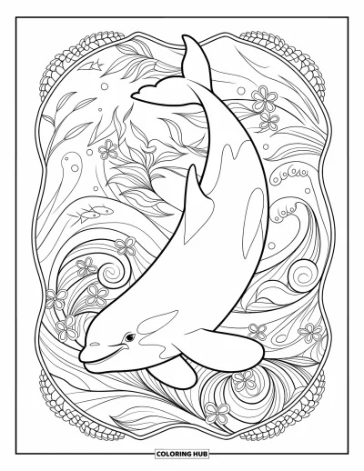 Coloriage d'orque pour adultes : Une orque plonge dans des vagues décorées avec des fleurs et de petits poissons à proximité
