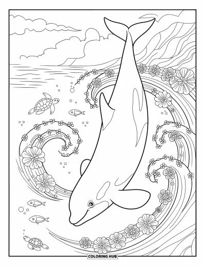 Coloriage d'orque pour adultes : Une orque plonge dans des vagues ornées de fleurs, de tortues et de nuages