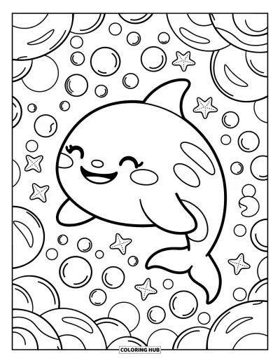 Coloriage d'orque pour adultes : Une orque flotte sereinement parmi des bulles et des étoiles de mer espièges
