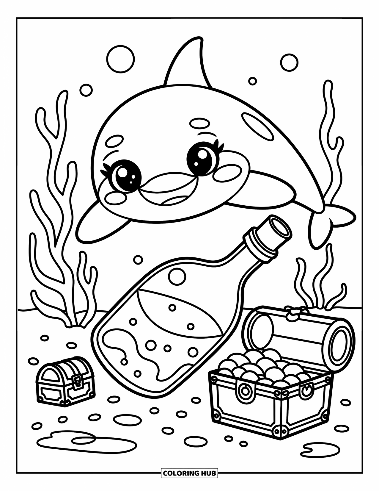 Orca Coloring Page for Adults: An orca floats near a bow-tied bottle and hidden treasure