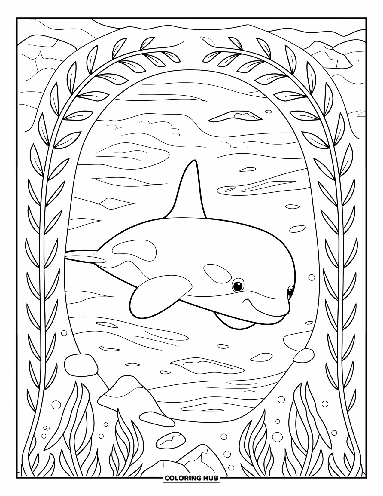 Orca Coloring Page for Adults: An orca glides calmly under seaweed arches with rocks nearby