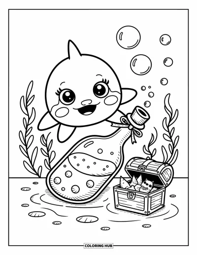 Coloriage d'orque pour adultes : Une orque plane près d'une bouteille et d'un coffre au trésor sous la mer