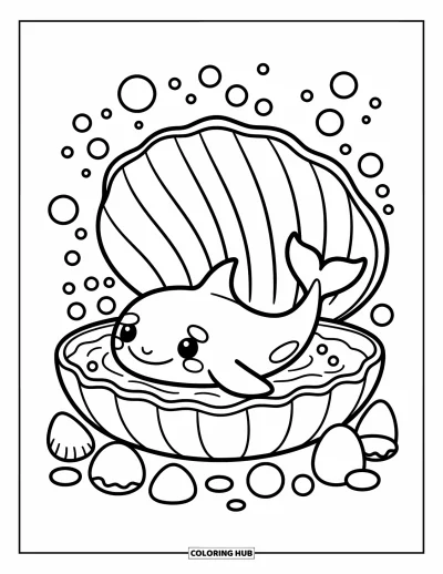 Coloriage d'orque pour adultes : Une orque se prélasse dans une baignoire en coquillage entourée de joyeux coquillages marins