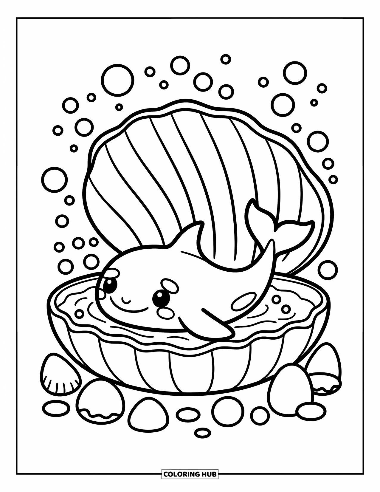 Orca Coloring Page for Adults: An orca lounges in a clamshell bathtub surrounded by cheerful seashells