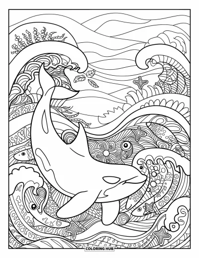 Coloriage d'orque pour adultes : Une orque traverse des vagues en mandala avec des poissons, des étoiles de mer et des algues