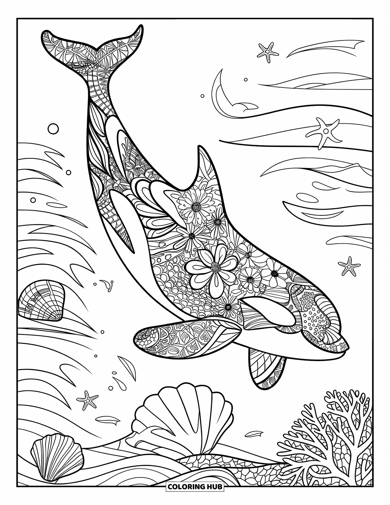 Orca Coloring Page for Adults: An orca silhouette is filled with floral and ocean designs