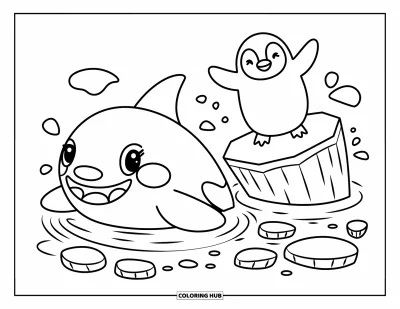 Coloriage d'orque pour adultes : Une orque souriante regarde un pingouin glisser joyeusement sur une pente glacée