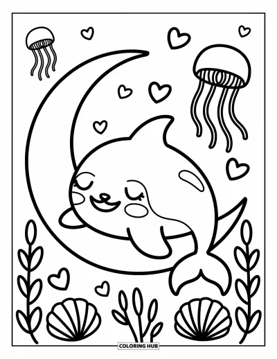 Coloriage d'orque pour adultes : Une orque sommeille sur une lune avec des bulles, des cœurs et des méduses au-dessus