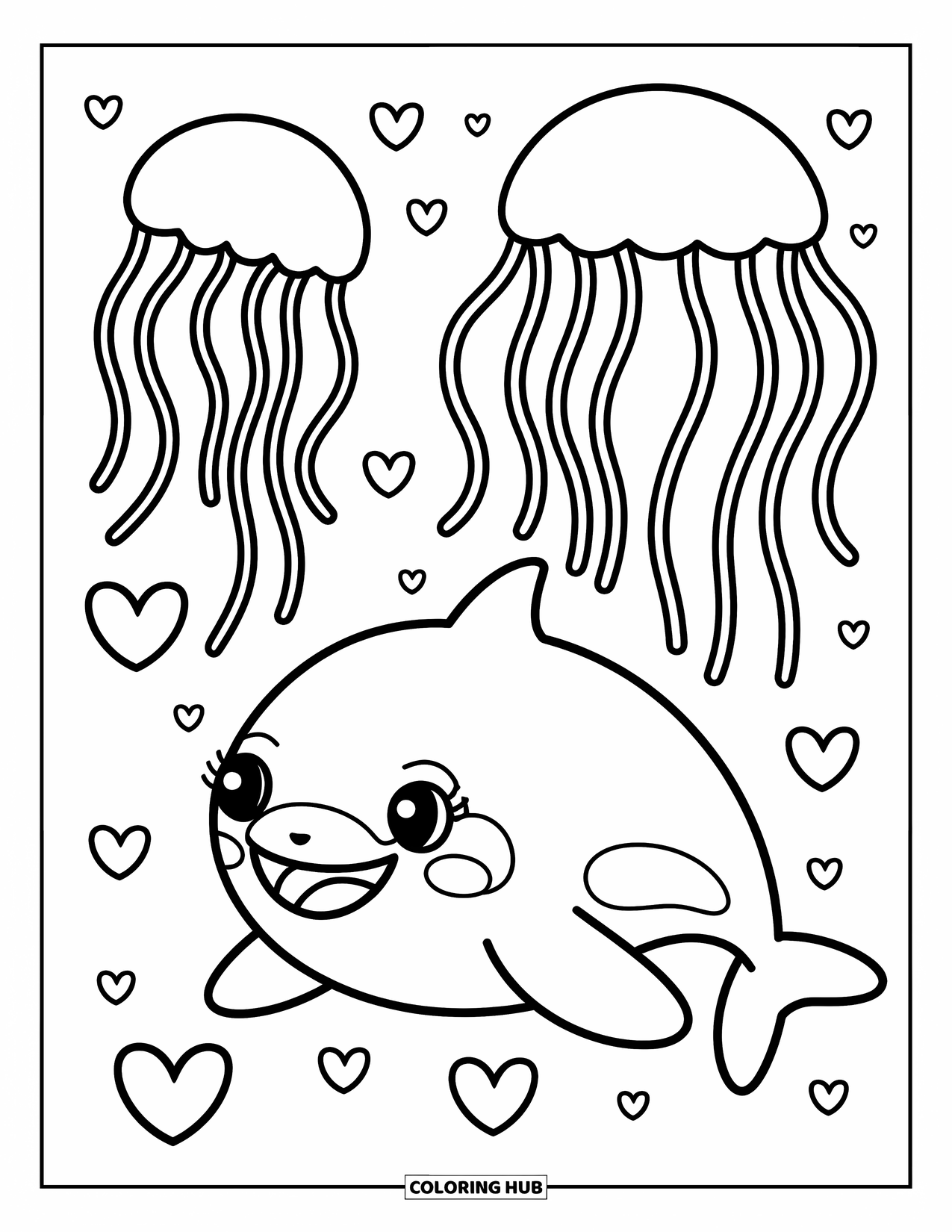 Orca Coloring Page for Adults: An orca spins happily with hearts and jellyfish drifting nearby