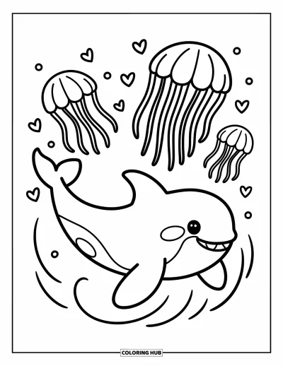 Coloriage d'orque pour adultes : Une orque nage sous des méduses avec des bulles et de petits cœurs tout autour