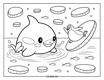 Coloriage d'orque pour adultes : Une orque nage près d'un pingouin qui glisse avec des bulles et des poissons curieux alentour