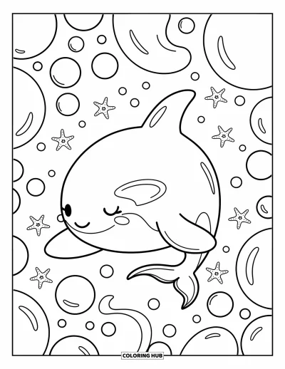 Coloriage d'orque pour adultes : Une orque nage délicatement avec des bulles et des étoiles de mer qui tournoient autour