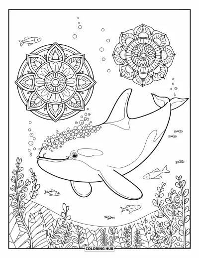 Coloriage d'orque pour adultes : Une orque nage parmi des bulles et des mandalas flottant entre des algues