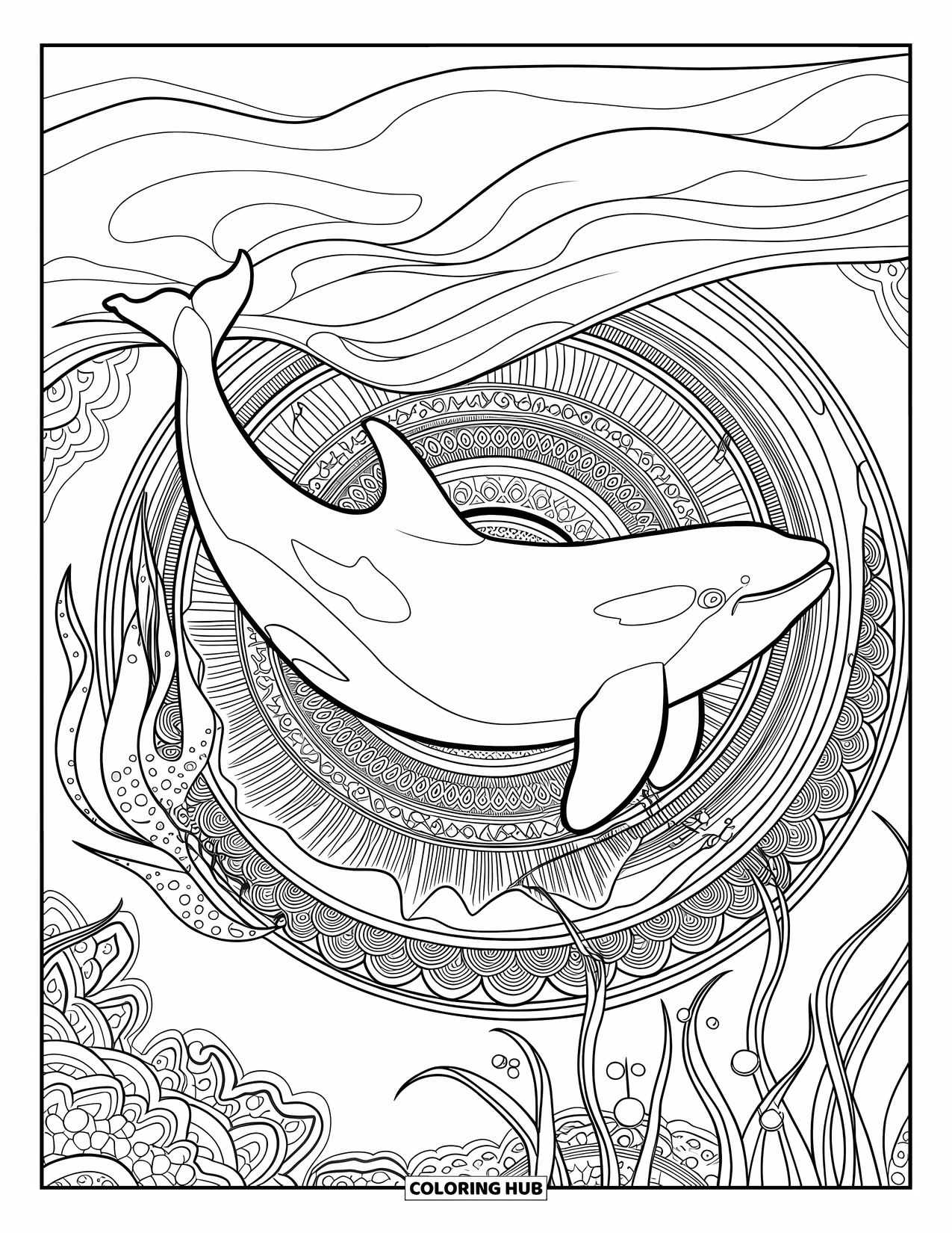 Orca Coloring Page for Adults: An orca swims through the ocean surrounded by mandalas and sea plants