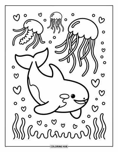Coloriage d'orque pour adultes : Une orque tourbillonne joyeusement sous des méduses flottantes et des cœurs qui s'envolent