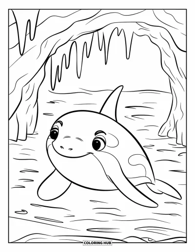 Coloriage d'orque pour enfants : Une orque intrépide s'approche de l'entrée sombre d'une grotte dans des eaux calmes