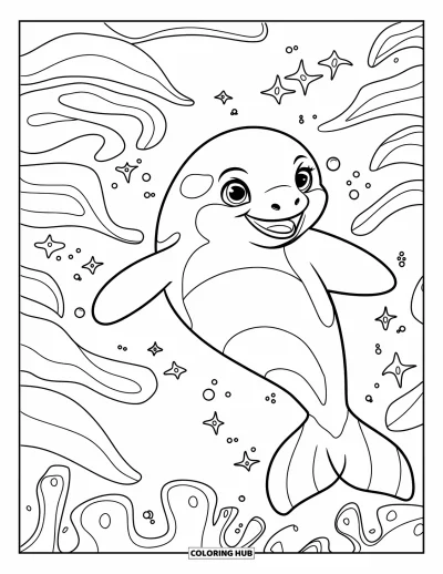 Coloriage d'orque pour enfants : Une orque intrépide jaillit à travers des vagues mousseuses près de brins d'algues flottants