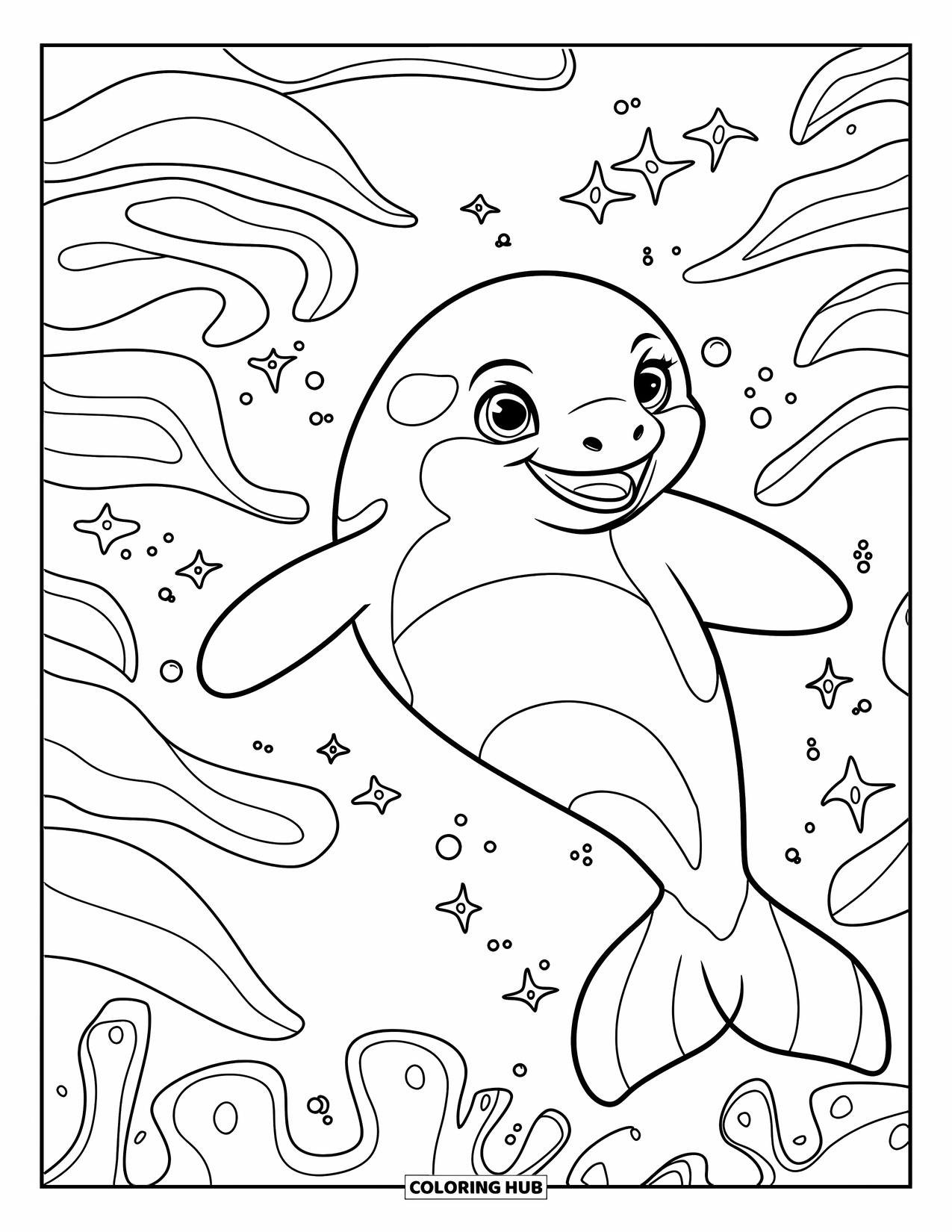 Orca Coloring Page for Kids: A bold orca leaps through foamy waves near strands of floating kelp