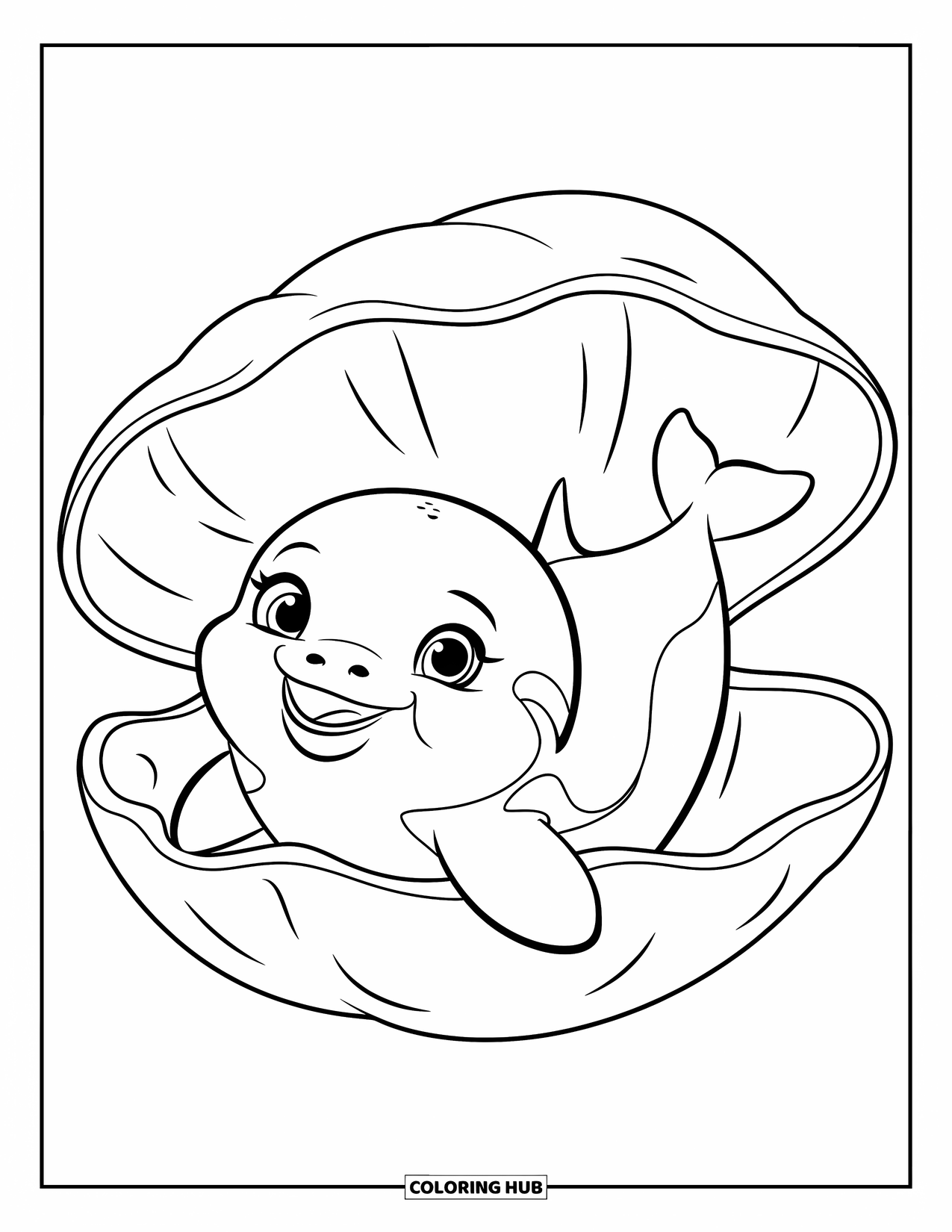 Orca Coloring Page for Kids: A cheerful baby orca and clam rest together in a clean ocean