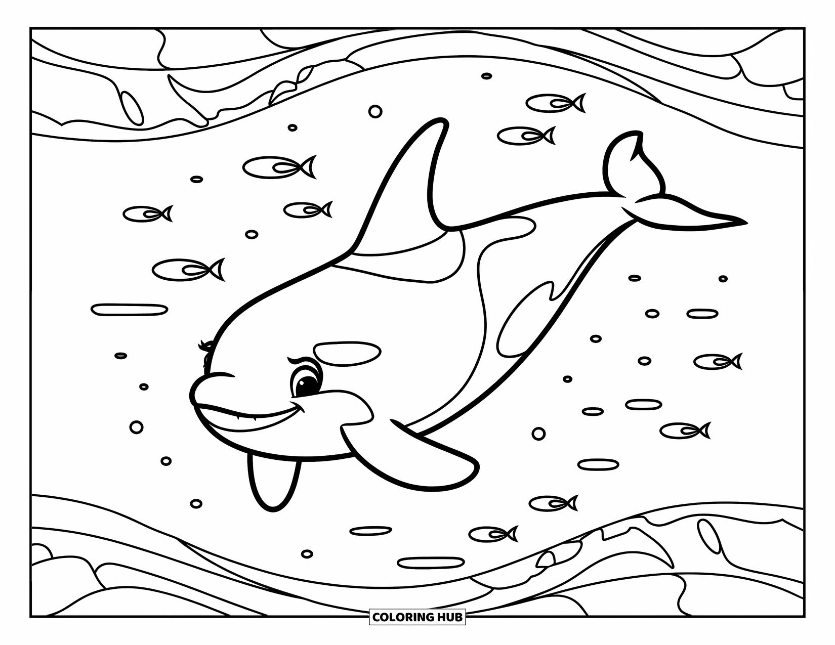 Orca Coloring Page for Kids: A cheerful orca swims above wavy ocean lines with small fish around