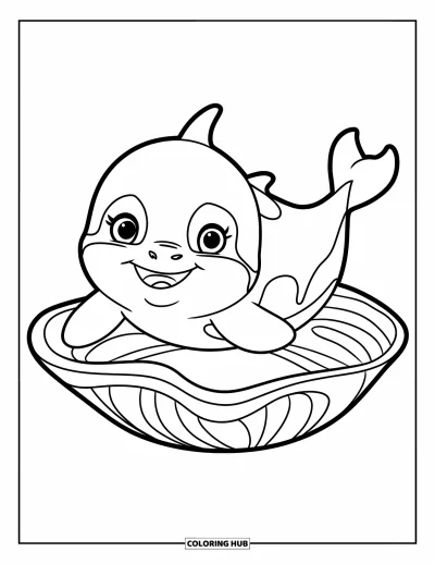 Coloriage d'orque pour enfants : Un bébé orque potelé flotte près d'un grand coquillage dans une eau océanique simple