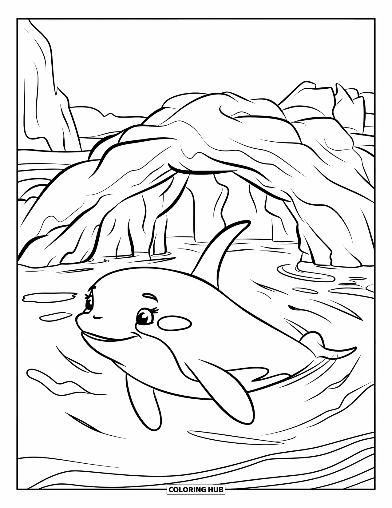 Orca Coloring Page for Kids: A curious orca swims near the opening of a sea cave