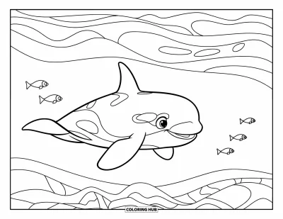 Coloriage d'orque pour enfants : Une orque bienveillante glisse au-dessus des vagues près de petits poissons
