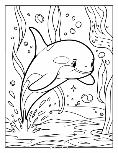 Coloriage d'orque pour enfants : Une orque joyeuse bondit avec une éclaboussure près de l'écume marine et des brins d'algues