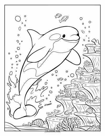 Coloriage d'orque pour enfants : Une orque bondissante éclabousse près d'un récif corallien plein de créatures marines