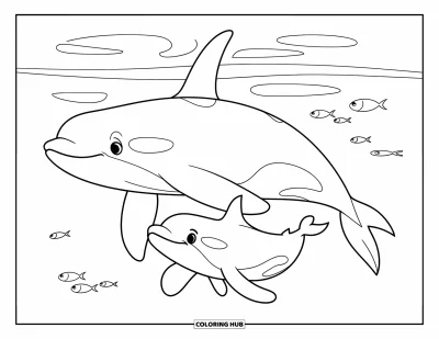Coloriage d'orque pour enfants : Une grande et une petite orque nagent ensemble parmi des poissons dans des vagues douces