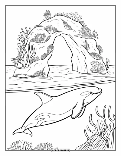 Coloriage d'orque pour enfants : Une grande orque plonge vers une arche marine entourée d'eaux paisibles