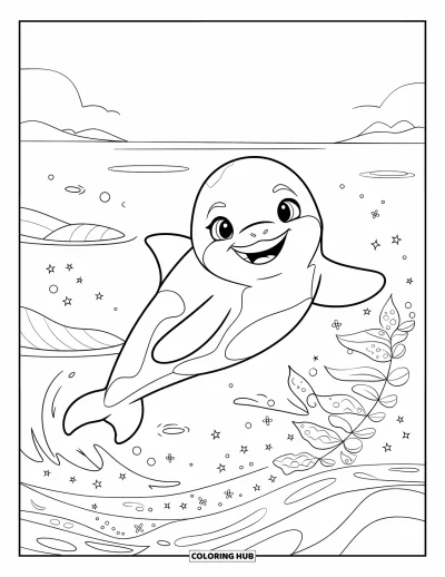 Coloriage d'orque pour enfants : Une orque bondissante saute dans un océan tranquille avec des algues et des étincelles en dessous